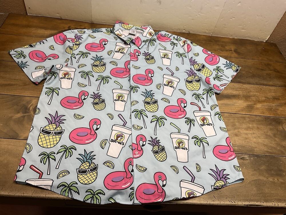 Buc-ee's Hawaiian Shirt Mens 3X Blue Flamingo Pineapple Button-Up Short Sleeve